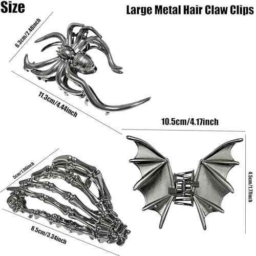3 Pieces Large Metal Spider Net Bat Hand Hair Claw Clips for Women and Girls Thick Long Hair, Nonslip Skeleton Spooky Barrette Headband Hair Styling Accessories for Halloween Christmas Gifts