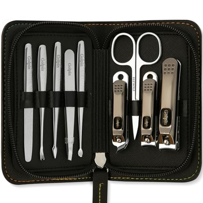 Nail Clippers for Men ? GOLPIN Manicure Kit for Men & Women ? 9 Pcs Stainless Steel Tools with Travel Nail Kit Case, Nail Clippers, Cuticle Pusher, File, Gift Ready Women & Mens Manicure Set
