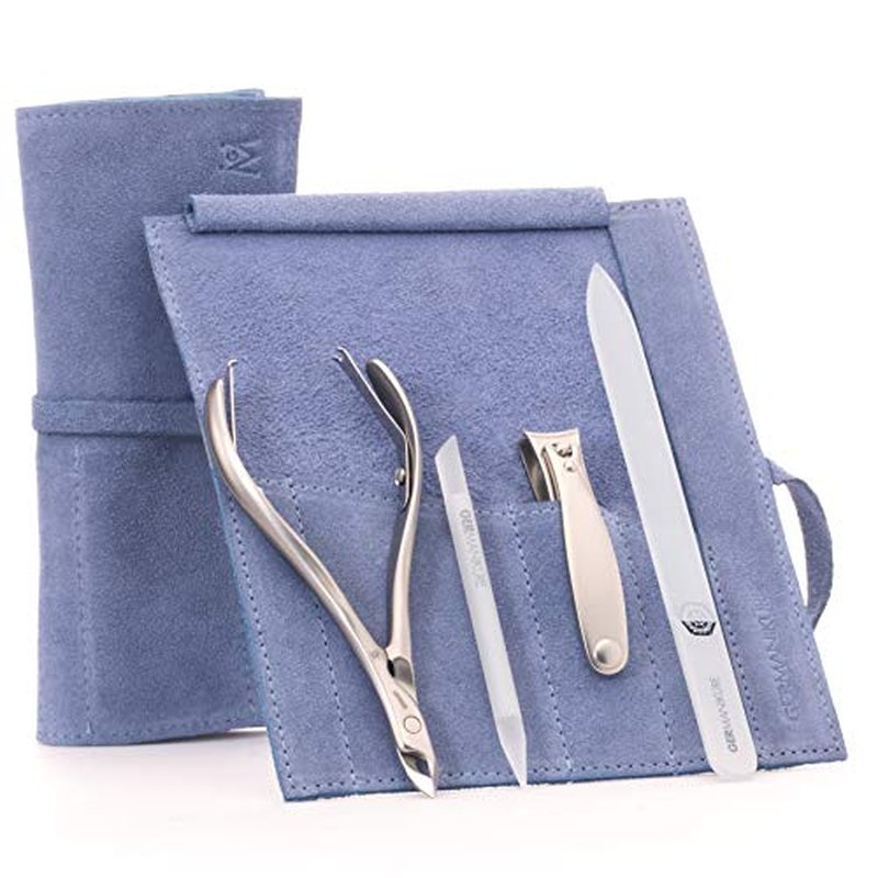 GERMANIKURE 4pc Manicure Set in Light Blue Suede Case - FINOX Stainless Steel Tools Made in Germany, Glass Nail Care Supplies Made in Czech Republic ? Professional Cuticle and Nail Care Kit