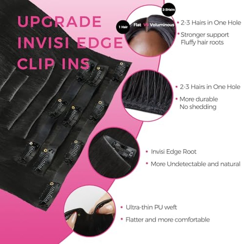 Lashey Invisi Edge Clip in Hair Extensions 16 Inch 110g 7pcs Injected Seamless PU Clip in Hair Extensions Virgin Human Hair, Natural Black Yaki Straight Hair