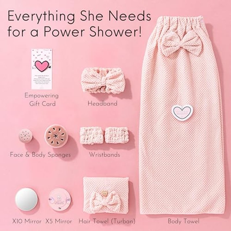 Happy Lolli Power Shower Gift Set ? College Essential Bath Accessories for Women and Teen Girls ? Includes Body Towel, Hair Towel, Wrist Bands, Headband, Face Sponge and More (Fresh in Pink)