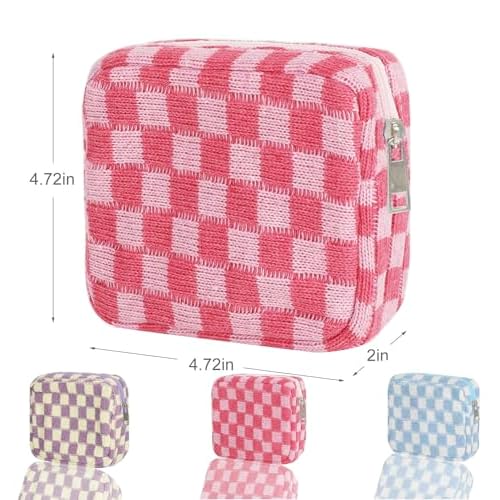 KOTORA 3pcs Checkered Mini Makeup Bag Pocket Cosmetic Bag Portable Aesthetic Preppy Makeup Bag for Women Mini Travel Makeup Organizer Storage Car Accessories (Blue Pink Purple)