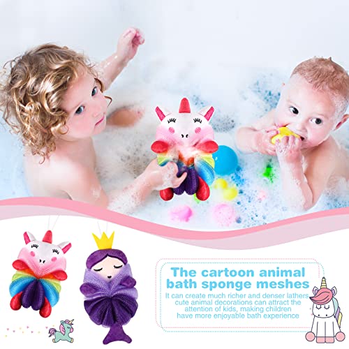 Nuenen 2 Pcs Bath Loofahs Kids Toddler Cute Cartoon Bath Sponges Loofah Pouf Body Scrubber Mesh Sponges for Children Shower Washing Exfoliating(Unicorn, Princess)