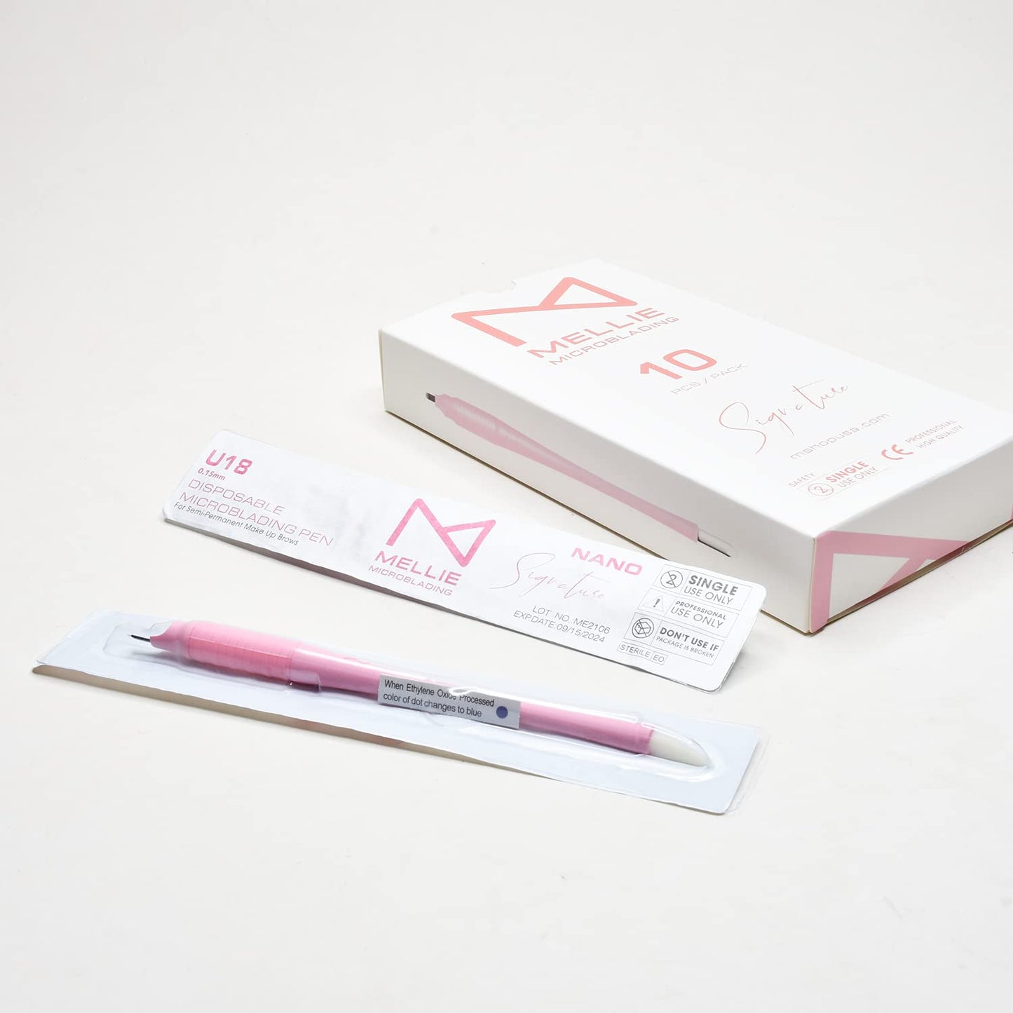 M Mellie's Signature Microblading Eyebrow Pen (Pack of 10) - Disposable Microblading Pen with Sterilized Blade, Comfortable Rubber Grip and Pigment Sponge for Flawless Bro (U18 NANO .15mm, Pink)