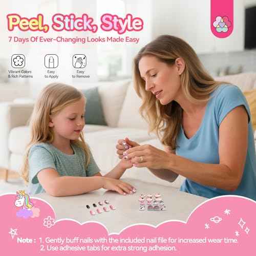 SAVILAND 7 Days Press on Nails for Kids: 168Pcs Children False Artificial Fake Nail Tips Sweet Edgy Pre-glue Full Cover Short Acrylic Nails with Nail Adhesive Tabs Gifts for Girls 8-12 Year (GlamKids)
