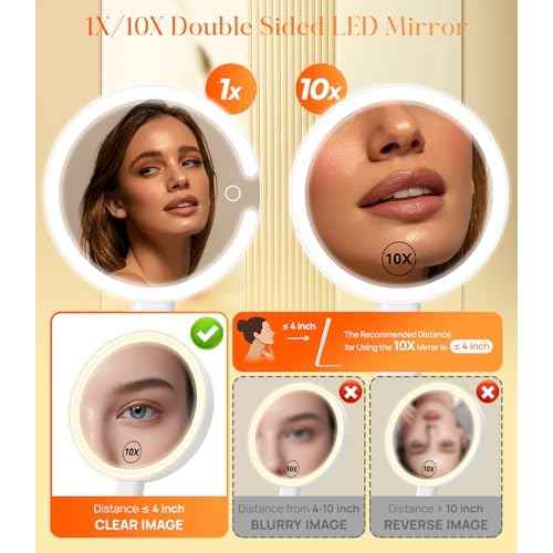 Gospire Magnifying Travel Makeup Mirror with Light 10X 1X Magnifition 2-Sided Lighted Vanity Mirror Rechargeable 3 in 1 Hand Held Desk Hanging, 3 Color Dimmable Lights, White