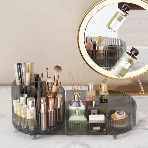 360¡Æ Rotating Makeup Organizer for Vanity - Large Capacity Cosmetic Display Case Countertop Cosmetic Storage Holder with Makeup Brush Holders £¨Gray£©