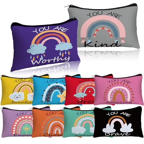 Hillban 10 Pcs Christmas Makeup Bags Gifts for Women Bulk Xmas Cosmetic Bags Inspirational Christian Bible Verse Cosmetic Pouch Christmas Religious Church Travel Canvas Pouch(Rainbow,Colorful)