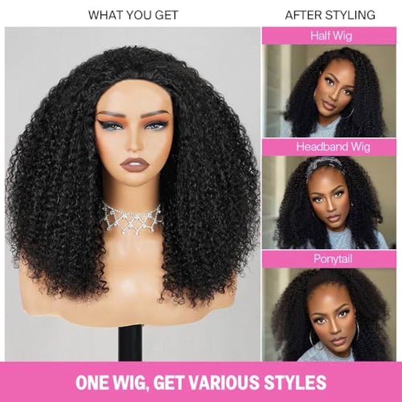 Kinky Curly Half Wig Human Hair Wear Go Glueless Wigs 18 Inch Curly 3 In 1 Half Wigs for Black Women Drawstring Seamless Flip Headband Wig Human Hair Beginner Friendly