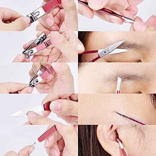 Manicure Set 10 in 1 Stainless Steel, Nail Clippers Scissors Pedicure Tools Kit - Portable Travel Grooming Kit for Men and Women with Leather Case (Rose Red)