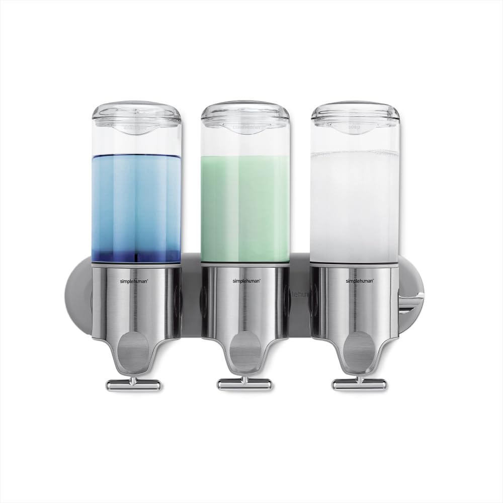 simplehuman Triple Wall Mount Pumps, Hotel-Grade Refillable 3-Chamber Shampoo Conditioner Body Wash Shower Dispenser, T-Bar Lever, No-Drill Install, for Bathrooms, Hotels, and Airbnbs, Stainless Steel