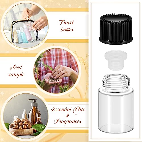 Lallisa 100 Pcs 2 ml Glass Vials with Screw Black Caps and Plastic Stoppers, Leak-proof Clear Small Sample Vials for Oil Travel Perfume Containers for Aromatherapy, Wedding Favors, DIY Crafts