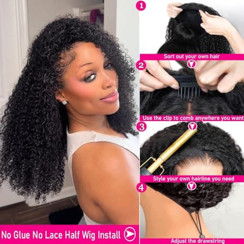 Kinky Curly Half Wig Human Hair 200 Density 3 In 1 Headband Wig Seamless Flip Over Wear and Go Glueless Wigs Human Hair Beginner Friendly Kinky Curly Wig Human Hair Drawstring Wig for Women 20 inch