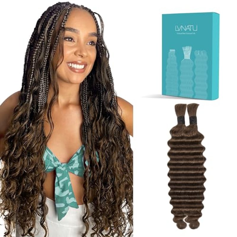 Brown Human Braiding Hair Color 4 for Boho Braids Bohemian Knotless Deep Wave Bulk No Weft 2 Bundles 100g 26 Inch