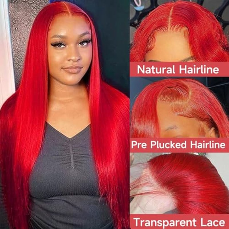 Red Lace Front Wigs Human Hair Straight 13x4 HD Lace Frontal Wigs Human Hair Burgundy Red Wig Pre Plucked 180% Density Colored Straight Glueless Wigs for Women 26 Inch