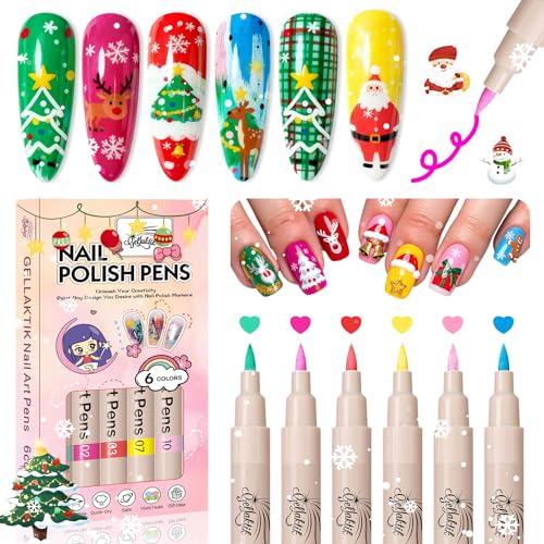 6 Colors Nail Art Pens Set, 3D Nail Polish Pens Quick-Drying Acrylic Paint Markers, Dotting Liner Brush for DIY Nail Design, Home & Salon Manicure Tools