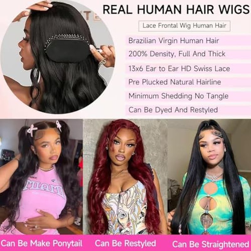 13x6 Body Wave Lace Front Wigs Human Hair Pre Plucked HD Transparent Lace Frontal Wigs Human Hair 200 Density Glueless Brazilian Virgin Human Wigs with Baby Hair for Women