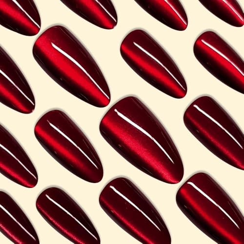 KQueenest Dark Red Press on Nails Cat Eye, Burgundy Glitter Press on Nails Almond Medium, Sparkly Shiny Fake Nails Set, Cute Bling Glue on Nails Medium for Women Christmas, Gothic Design, 30 Pcs