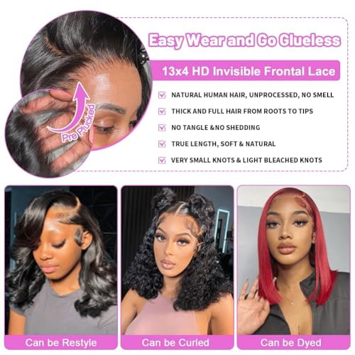 Bob Wig Human Hair 13x4 HD Lace Front Wigs for Women 180% Density 100% Brazilian Virgin Straight Short Bob Human Hair Wig Glueless Pre Plucked Natural Black Color 12 Inch