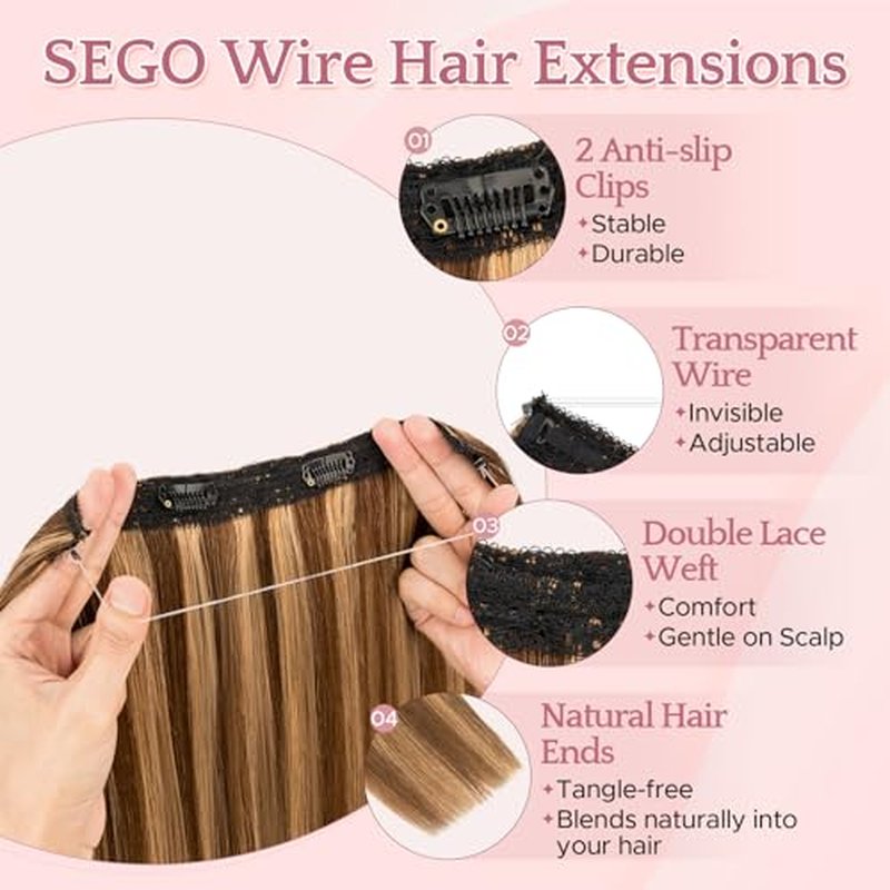 SEGO Invisible Wire Hair Extensions, Real Human Halo Hair Adjustable Wire Extensions, 2 Clips for Women Transparent Fish Line Extensions, Add Length, 18 inches, Medium Brown Mixed Dark Blonde, 65g