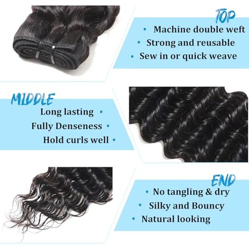 12A Deep Wave Human Hair Bundles 20 22 24 Inch Deep Curly Bundles Human Hair 100% Unprocessed Brazilian Virgin Weave 3 Bundles Double Weft