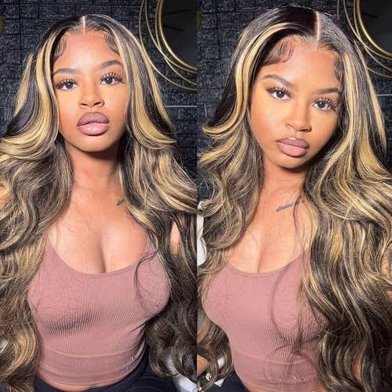 Juvid 13x6 Balayage Wig Human Hair Body Wave HD Transparent Lace Front Glueless Wigs Pre Plueked FB/27 Highlight Ombre Honey Blond Wig 200% Density Colored Lace Frontal Human Hair Wigs 20inch