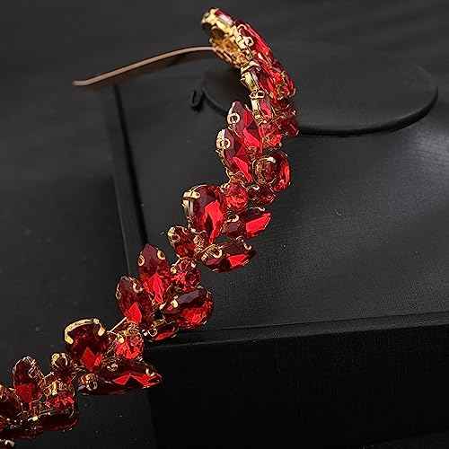 Teyglen Crystal Wedding Crown Bridal Red Rhinestone Tiara Headband Full Blue Black Pink Pieces Handmade Rhinestone Headpieces Hair Accessories for Women Party Prom Birthday (Red)
