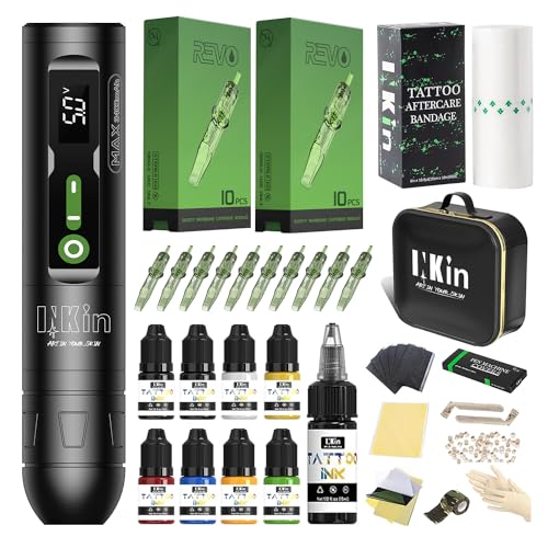INKin Tattoo Gun Kit for Beginners Complete Set, Wireless Tattoo Machine Kit 3400mAh Battery Rotary Tattoo Pen Power Supply 20Pcs Revo Cartridge Needles Assorted 9Pcs Tattoo Inks for Artists (CL2 Max)