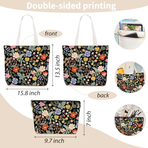 Aesthetic Floral Tote Bag Makeup Bag Flower Decor Gifts for Girls Christmas Shopping Grocery Bags Cosmetic Bags