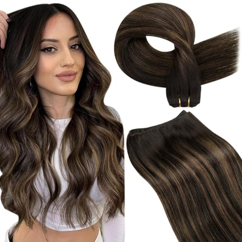 LaaVoo Sew in Hair Extensions Human Hair Balayage Brown Weft Hair Extensions Sew in Doble Weft Extensions Dark Brown Ombre Light Brown 20 Inch 100g