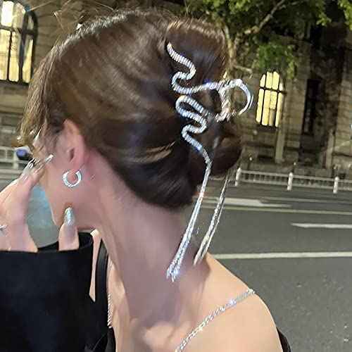 Bedazzled Sparkle Claw Clip Dangling Chain Diamond Hair Clips Fancy Silver Claw Clip Prom Snake Accessories for Women Fairy Hair Clip (SILVER)