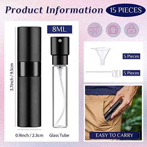 Remerry 15 Pcs 8 ml Perfume Atomizer Refillable Small Perfume Spray Bottle Empty Portable Travel Sprayer with 5 Funnel 5 Pump Transfer Tool(Black)