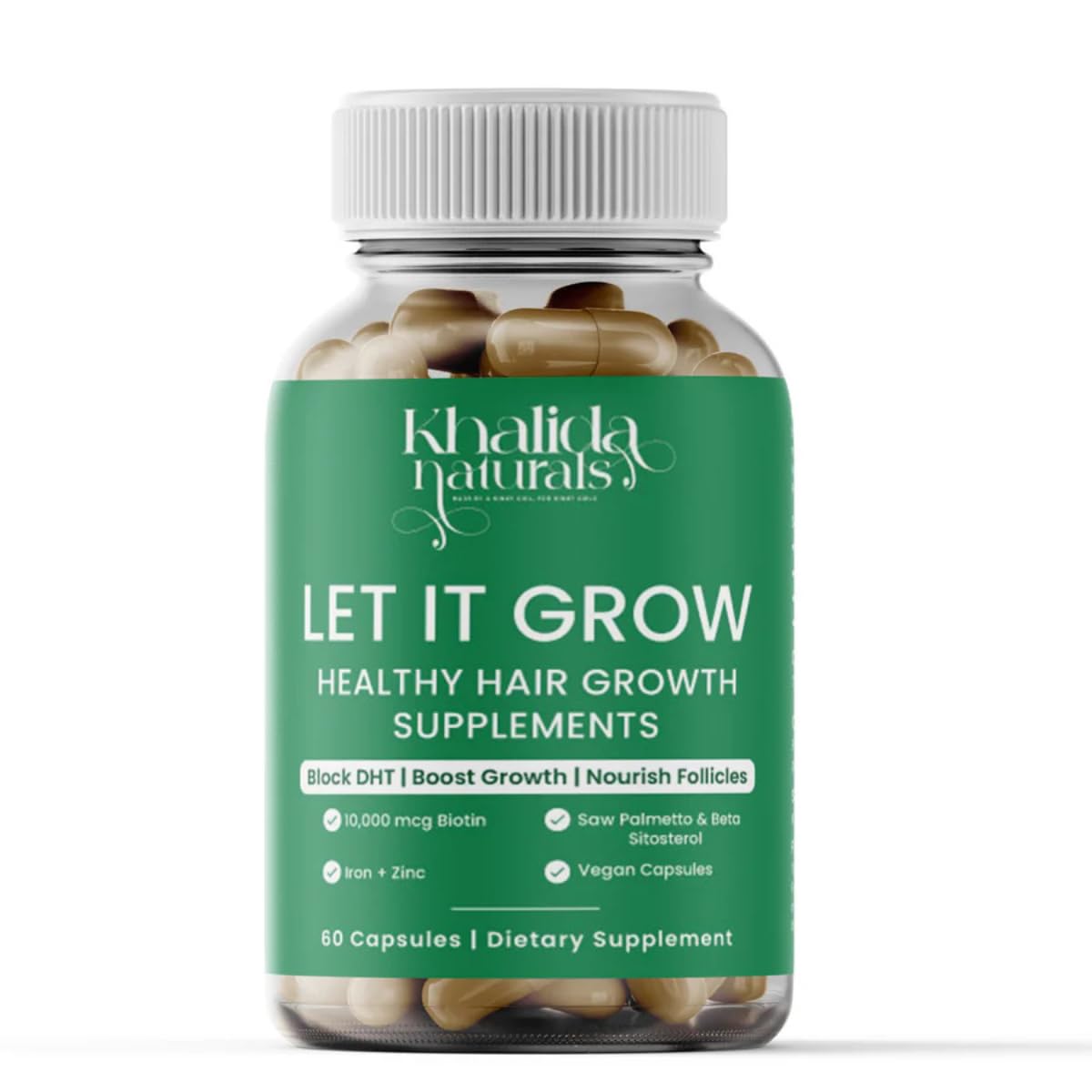 KhalidaNaturals Women's Hair Growth Supplements, DHT Blocker, with Biotin, Saw Palmetto, Pumpkin Seed, Nettle, Fo-Ti and Horsetail for Thicker and Stronger Hair. 30 (60 Count) 30 Days