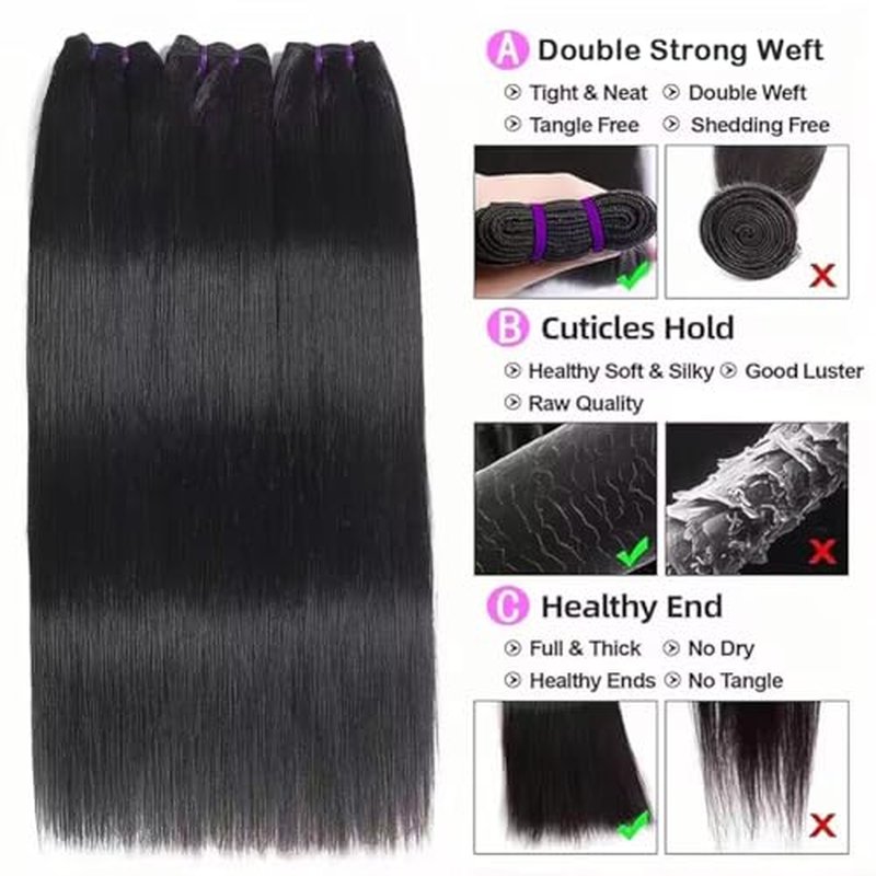 Straight Human Hair Bundles 100% Unprocessed Brazilian Virgin Human Hair 16A Straight 3 Bundles for Black Women Double Weft Natural Black