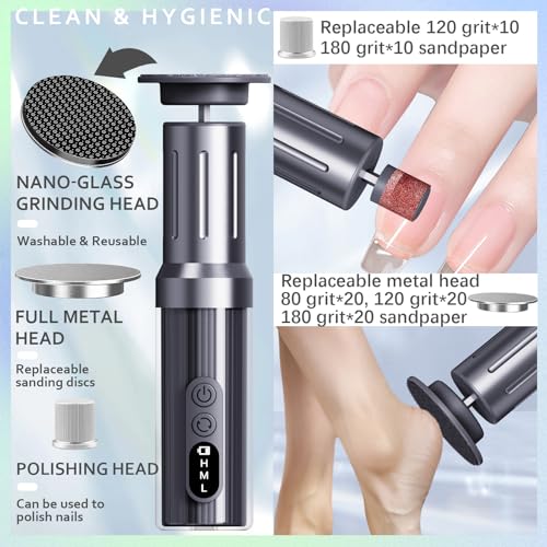 Electric Foot Callus Remover with Nano-Glass Head&Rechargeable Base,6 Speeds Cordless Electric Foot File with Digital Display,Callus Remover for Feet Dead Skin Home Spa Salon with 60Pcs Sandpaper Disk