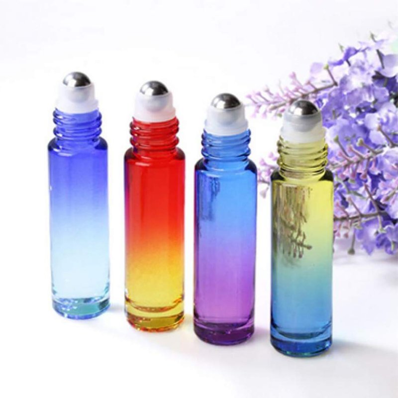 Foraineam 24 Pack 10ml Gradient Color Glass Essential Oil Bottles with Stainless Steel Roller Ball and Silver Hanging Lid