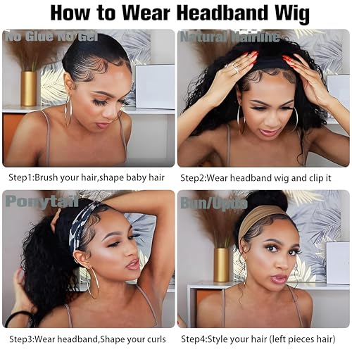 Curly Headband Wig Human Hair 18Inch Human Hair Headband Wig Glueless Wear and Go Human Hair Scarf None Lace Front Wigs 150% Density Natural Color
