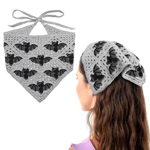 Gothic Crochet Bat Headband for Women, Halloween Christmas Knitted Triangle Bandana Scarf, Soft Vintage Hair Accessory with Adjustable Ties, bandanas for women