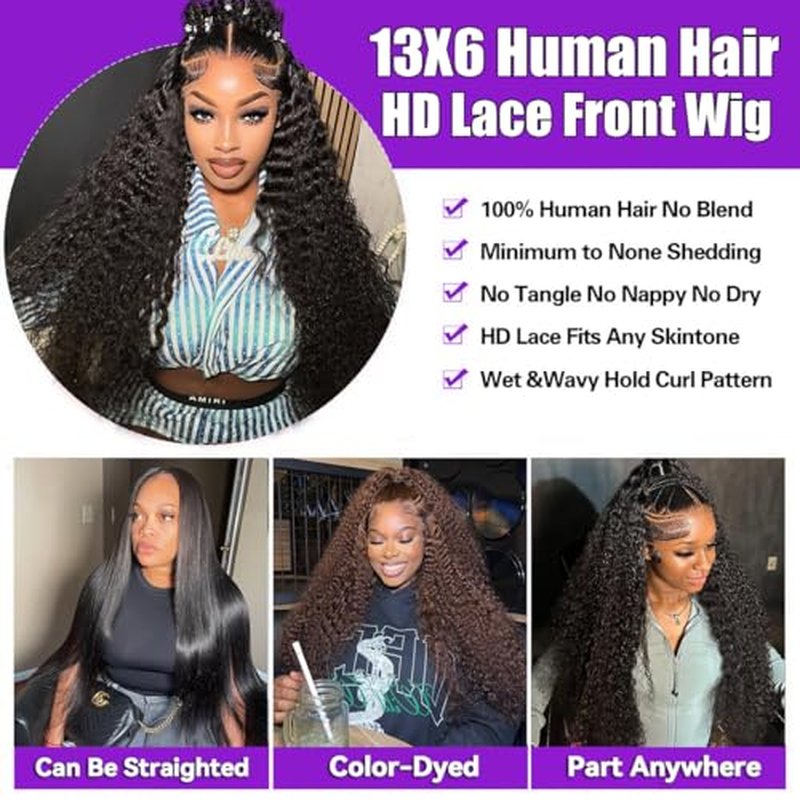 26 Inch 13x6 Deep Wave Lace Front Wigs Human Hair HD Transparent Lace Frontal Curly Wigs 200 Density Deep Curly Lace Front Wigs Human Hair Wig Pre Plucked Natural Color Deep Wave Wig
