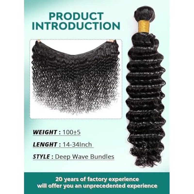 12A Deep Wave Human Hair Bundles 14 16 18 Inch Raw Curly Bundles Human Hair 100% Unprocessed 3 Bundles Brazilian Virgin Human Hair Extensions Quick Weave Natural Black Color