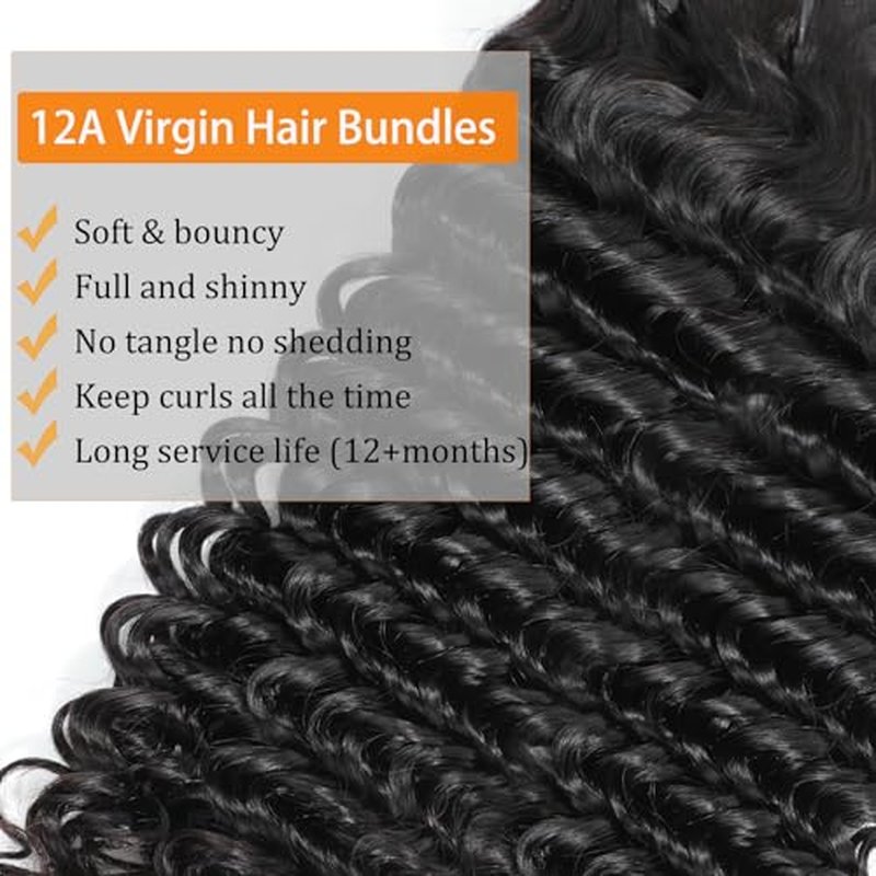 Deep Wave Bundles Human Hair, 14 16 18 20 Inch Curly Human Hair Bundles, 100% Unprocessed 12A Brazilian Virgin Hair with Aligned Scales Wet and Wavy Deep Curly Bundles for Black Women
