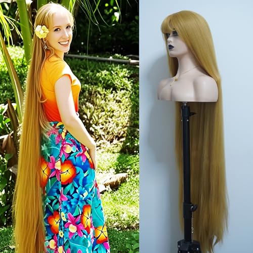 48 Inches Surper Long Straight Wig for Women Flat Bangs Soft Yaki Kinky Wigs for Daily Party Halloween Christmas Cosplay Wig Synthetic Hair Strawberry Blonde 120CM