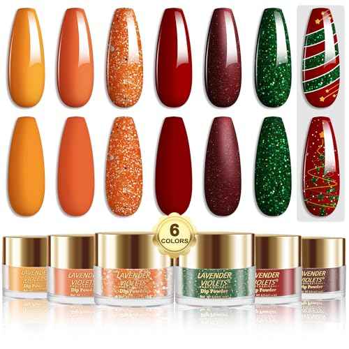 Lavender Violets Dip Powder Nail Kit, Large Capacity Set - 6 Colors Yellow Pumpkin Orange Red Green Dipping Powder for Halloween Christmas Nail Art Manicure J222