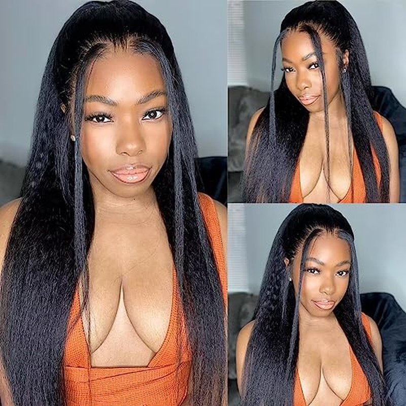 Kinky Straight Wig 16 Inch 180% Density Yaki Straight Human Hair Wig With Pre-Plucked Hairline & Adjustable Straps,Natural Black 13x4 Lace Front Wigs Human Hair For Black Women
