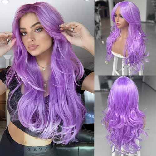 Purple Wig with Bangs Long Wavy Purple Layered Wig with Curtain Bangs for White Black Women,Synthetic Layered Long Wavy Shaggy for Women 24inch