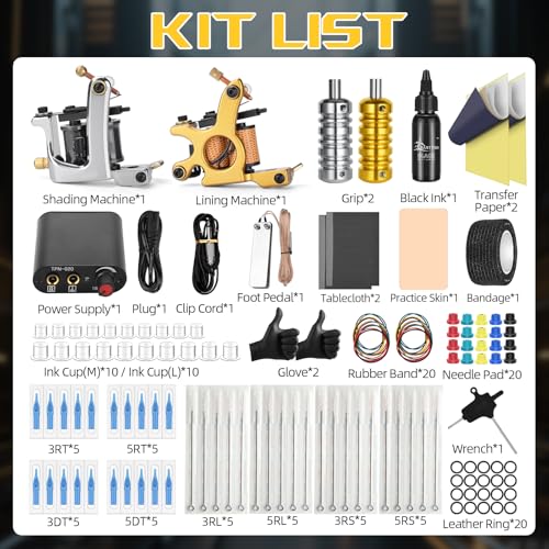 Complete Tattoo Coil Machine Kit 2 Sets Tattoo Gun Liner Shader Coils Machine Tattoo Power Supply Needles Tips for Beginners Artists