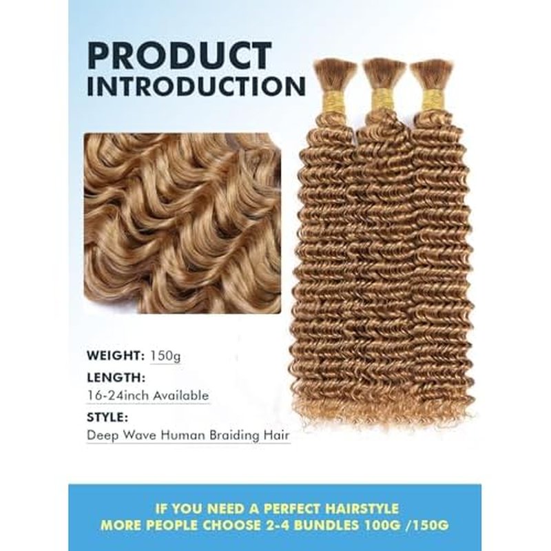 Human Braiding Hair for Boho Braids 150g 24 Inch Honey Blonde Curly Boho Hair for Braiding Knotless 12A Deep Wave Bulk Bohemian 3 Bundles/Pack Color 27