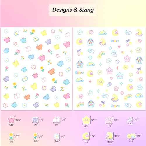10 Sheets of 3D Nail Stickers - 719 Cute Nail Decals - Embossed Nail Stickers for Kids | Kawaii Theme - Butterfly, Flowers, Cats, Bunny, Stars, Fruits | Glow in The Dark