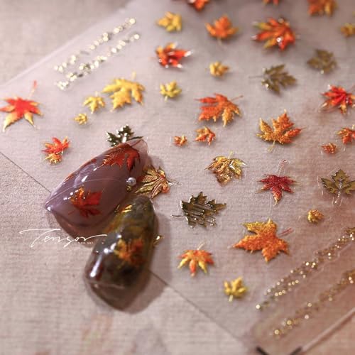 5D Embossed Autumn Maple Leaves Nail Stickers for Nail Art Thanksgiving Day Nail Art Stickers Fall Nail Decals Self-Adhesive Gold Maple Leaf Nails Sticker for Women Girls Nail Supplies