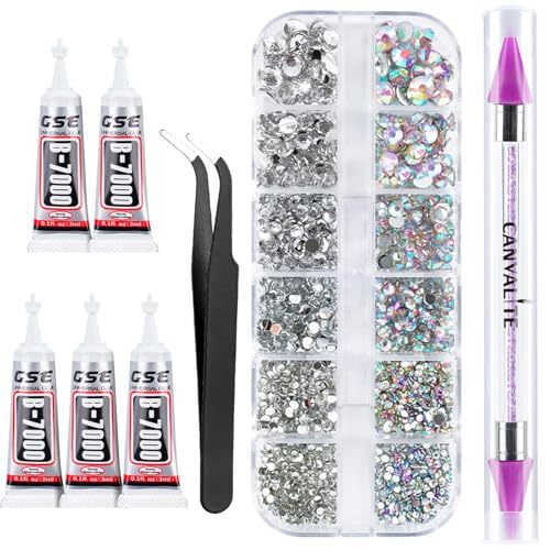 Canvalite 2784PCS Rhinestones Crystal AB Rhinestones for Nail with 5Pcs 3ml B7000 Jewelry Glue and Pick Up Tweezers and Nail Rhinestone Picker, Nail Art Tools,Stocking Stuffers Gifts for Women